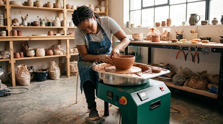 Egyptian potter using Electric Pottery Wheel 800W in Cairo studio